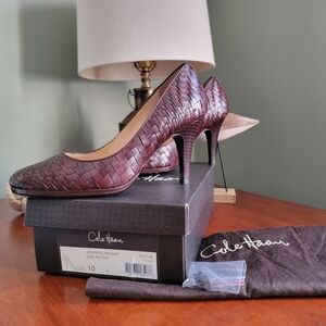 Cole Haan Mahogany Woven Leather 3.5"  Wood Stacked Heels Size 10B